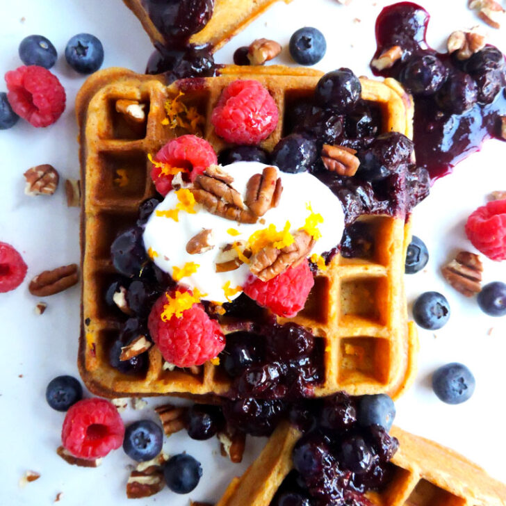 Sweet Potato Waffles with Blueberry Orange Infused Syrup