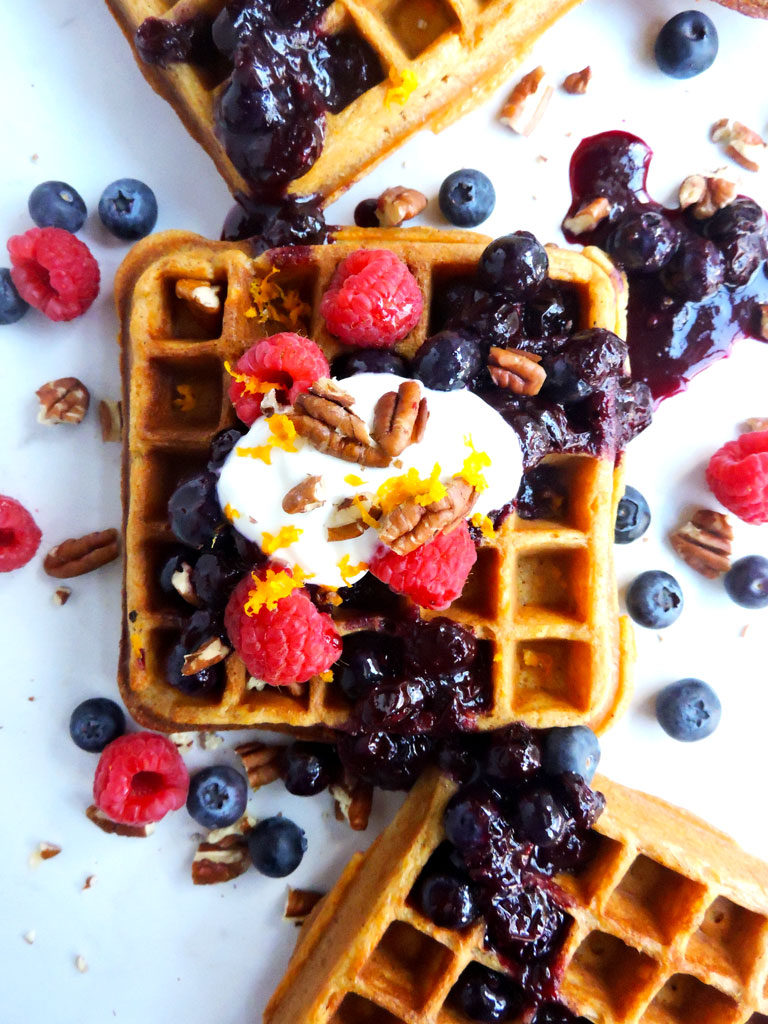 Sweet Potato Waffle with Blueberry Orange Infused Syrup