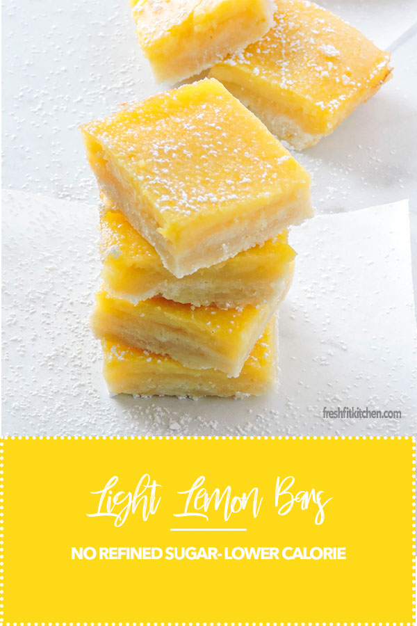 Light Lemon Bars are made with a sweet cookie crust and a lemon curd filling made with honey instead of refined sugar. Enjoy this light, refreshing dessert at all of your summer gatherings.|FreshFitKitchen.com