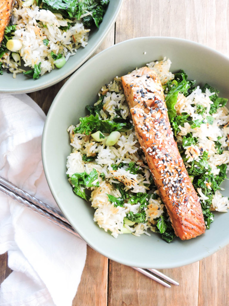 Chili Soy Salmon with Crispy Rice and Kale