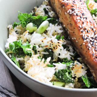 Chili Soy Salmon with Crispy Rice and Kale