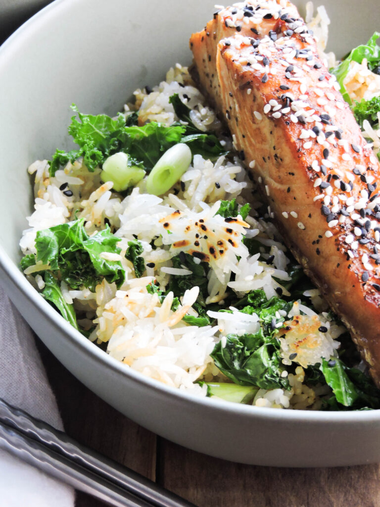 Chili Soy Salmon with Crispy Rice and Kale