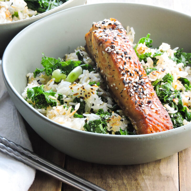 Chili Soy Salmon with Crispy Rice and Kale