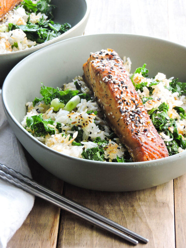 Chili Soy Salmon with Crispy Rice and Kale