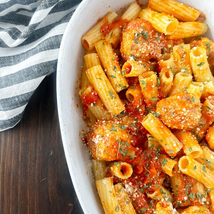 Baked Chicken Meatballs with Vodka Sauce and Rigatoni