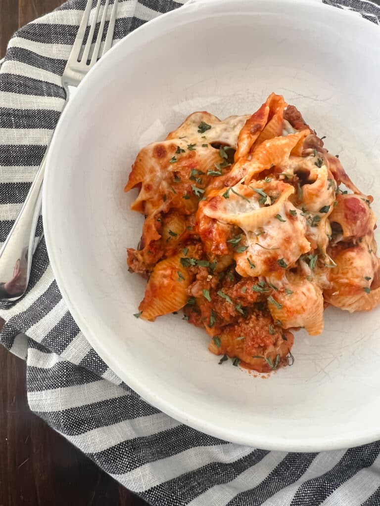 One Pan Creamy Beef Pasta Bake Plated